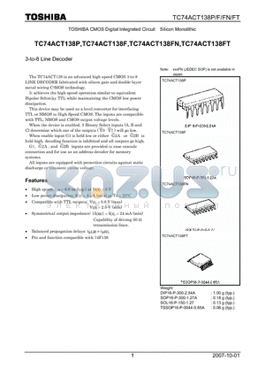 TC74ACT138FN datasheet - CMOS Digital Integrated Circuit Silicon Monolithic 3-to-8 Line Decoder