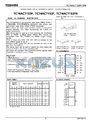 TC74ACT153FN datasheet - DUAL 4 CHANNEL MULTIPLEXER