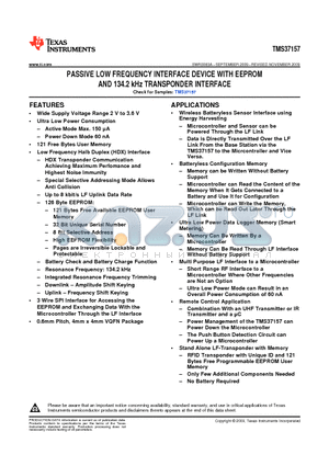 TMS37157 datasheet - PASSIVE LOW FREQUENCY INTERFACE DEVICE WITH EEPROM AND 134.2 kHz TRANSPONDER INTERFACE