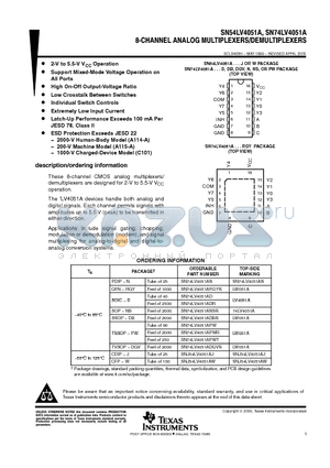 SN74LV4051AD datasheet - 8-CHANNEL ANALOG MULTIPLEXERS/DEMULTIPLEXERS