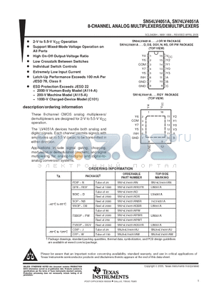 SN74LV4051ADB datasheet - 8-CHANNEL ANALOG MULTIPLEXERS/DEMULTIPLEXERS