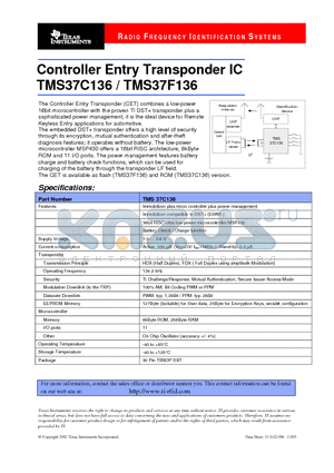 TMS37C136 datasheet - Controller Entry Transponder IC