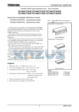 TC74ACT161P datasheet - CMOS Digital Integrated Circuit Silicon Monolithic Synchronous Presettable 4-Bit Binary Counter