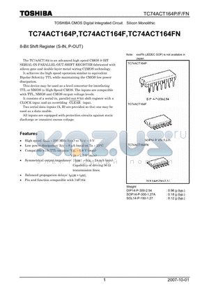 TC74ACT164F datasheet - CMOS Digital Integrated Circuit Silicon Monolithic 8-Bit Shift Register (S-IN, P-OUT)