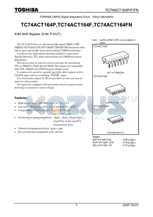 TC74ACT164P datasheet - CMOS Digital Integrated Circuit Silicon Monolithic 8-Bit Shift Register (S-IN, P-OUT)