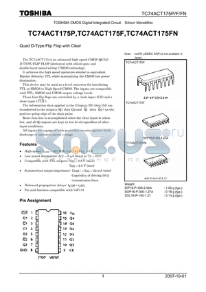 TC74ACT175FN datasheet - CMOS Digital Integrated Circuit Silicon Monolithic Quad D-Type Flip Flop with Clear