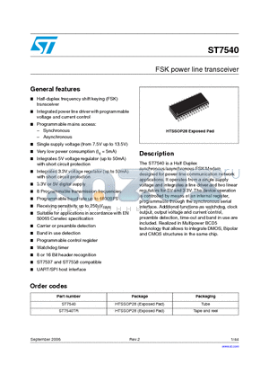 ST7540TR datasheet - FSK power line transceiver