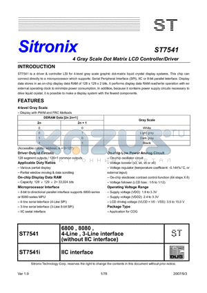 ST7541 datasheet - 4 Gray Scale Dot Matrix LCD Controller/Driver