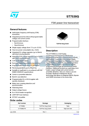 ST7538Q datasheet - FSK power line transceiver