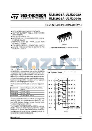 ULN2001A datasheet - SEVEN DARLINGTON ARRAYS