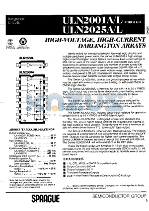 ULN2001A datasheet - HIGH-VOLTAGE, HIGH-CURRENT DARLINGTON ARRAYS