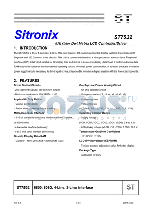 ST7532 datasheet - 65K Color Dot Matrix LCD Controller/Driver