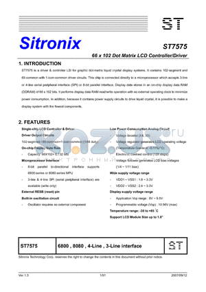 ST7575 datasheet - 66 x 102 Dot Matrix LCD Controller/Driver