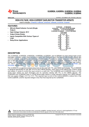 ULN2002A datasheet - HIGH-VOLTAGE, HIGH-CURRENT DARLINGTON TRANSISTOR ARRAYS