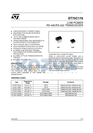 ST75C176CN datasheet - LOW POWER RS-485/RS-422 TRANSCEIVER