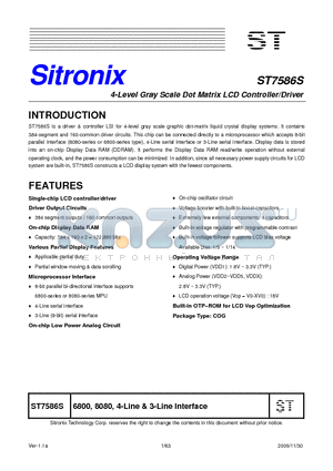 ST7586S datasheet - 4-Level Gray Scale Dot Matrix LCD Controller/Driver