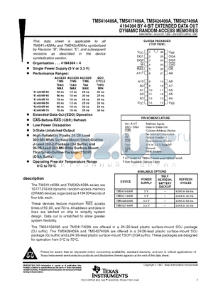 TMS416409A datasheet - 4194304 BY 4-BIT EXTENDED DATA OUT DYNAMIC RANDOM-ACCESS MEMORIES