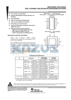 SN74LV4052 datasheet - DUAL 4-CHANNEL ANALOG MULTIPLEXERS/DEMULTIPLEXERS