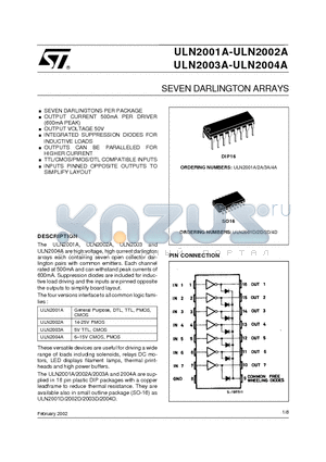 ULN2003A datasheet - SEVEN DARLINGTON ARRAYS