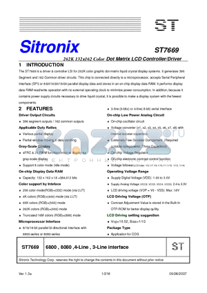 ST7669 datasheet - 262K 132x162 Color Dot Matrix LCD Controller/Driver