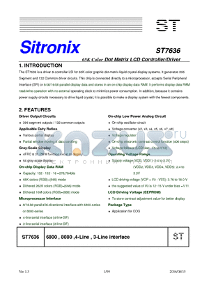 ST7636 datasheet - 65K Color Dot Matrix LCD Controller/Driver