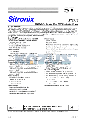 ST7715 datasheet - 262K Color Single-Chip TFT Controller/Driver