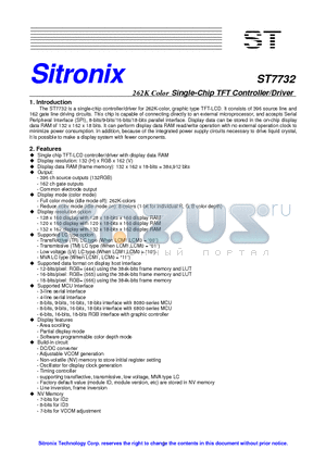 ST7732 datasheet - 262K Color Single-Chip TFT Controller/Driver