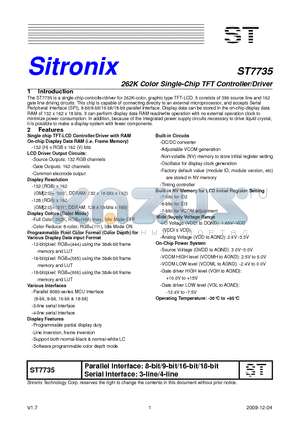 ST7735 datasheet - 262K Color Single-Chip TFT Controller/Driver