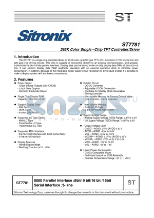 ST7781 datasheet - 262K Color Single - Chip TFT Controller/Driver