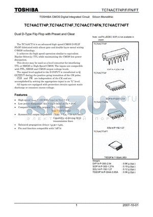 TC74ACT74P_07 datasheet - CMOS Digital Integrated Circuit Silicon Monolithic Dual D-Type Flip Flop with Preset and Clear