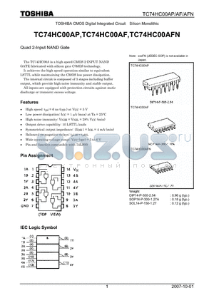 TC74HC00AP datasheet - CMOS Digital Integrated Circuit Silicon Monolithic Quad 2-Input NAND Gate