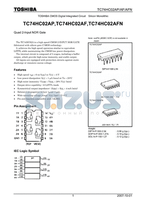 TC74HC02AF datasheet - CMOS Digital Integrated Circuit Silicon Monolithic Quad 2-Input NOR Gate