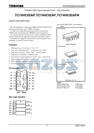 TC74HC02AP datasheet - CMOS Digital Integrated Circuit Silicon Monolithic Quad 2-Input NOR Gate