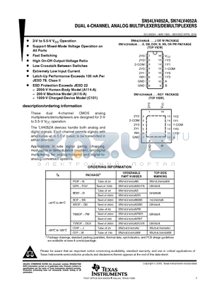 SN74LV4052ADRE4 datasheet - DUAL 4-CHANNEL ANALOG MULTIPLEXERS/DEMULTIPLEXERS