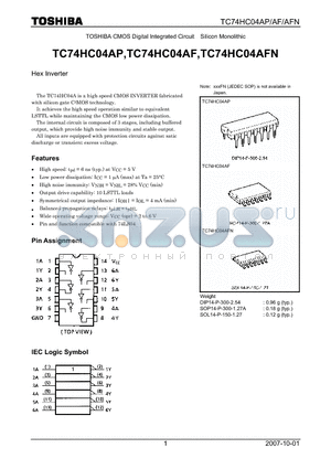 TC74HC04AFN datasheet - CMOS Digital Integrated Circuit Silicon Monolithic Hex Inverter