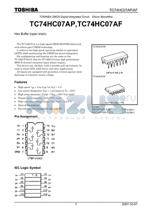TC74HC07AP datasheet - CMOS Digital Integrated Circuit Silicon Monolithic Hex Buffer (open drain)