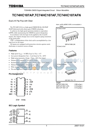 TC74HC107AF datasheet - CMOS Digital Integrated Circuit Silicon Monolithic Dual J-K Flip Flop with Clear