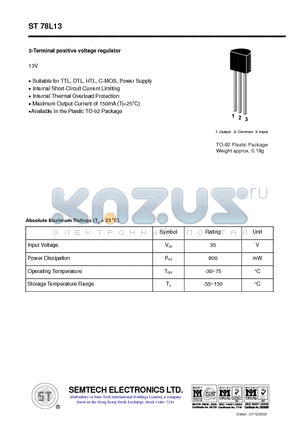 ST78L13 datasheet - 3-Terminal positive voltage regulator