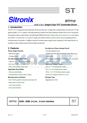 ST7712 datasheet - 262K Color Single-Chip TFT Controller/Driver