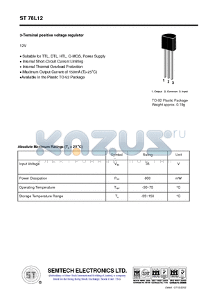 ST78L12 datasheet - 3-Terminal positive voltage regulator