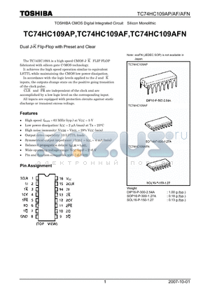 TC74HC109AF datasheet - CMOS Digital Integrated Circuit Silicon Monolithic Dual J-K Flip-Flop with Preset and Clear