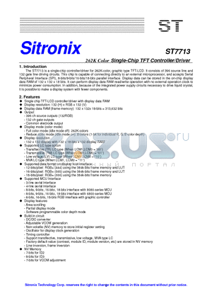 ST7713 datasheet - 262K Color Single-Chip TFT Controller/Driver