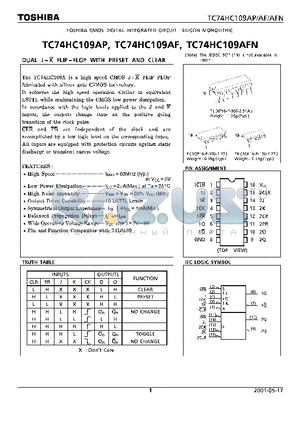 TC74HC109AF datasheet - DUAL J-K FLIP FLOP WITH PRESET AND CLEAR