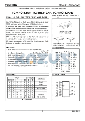 TC74HC112AP datasheet - DUAL J-K FLIP FLOP WITH PRESET AND CLEAR
