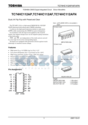 TC74HC112AP datasheet - Dual J-K Flip Flop with Preset and Clear