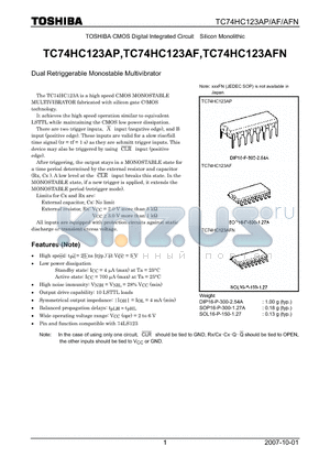 TC74HC123AF datasheet - Dual Retriggerable Monostable Multivibrator