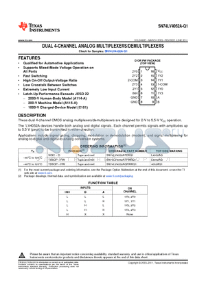 SN74LV4052ATPWRQ1 datasheet - DUAL 4-CHANNEL ANALOG MULTIPLEXERS/DEMULTIPLEXERS