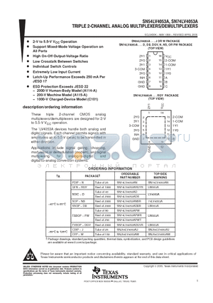 SN74LV4053ADBRE4 datasheet - TRIPLE 2-CHANNEL ANALOG MULTIPLEXERS/DEMULTIPLEXERS