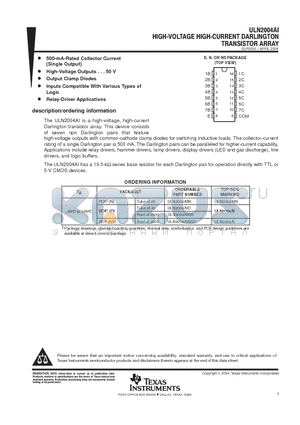 ULN2004AIDR datasheet - HIGH-VOLTAGE HIGH-CURRENT DARLINGTON TRANSISTOR ARRAY