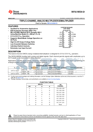 SN74LV4053AQPWRQ1 datasheet - TRIPLE 2-CHANNEL ANALOG MULTIPLEXER/DEMULTIPLEXER